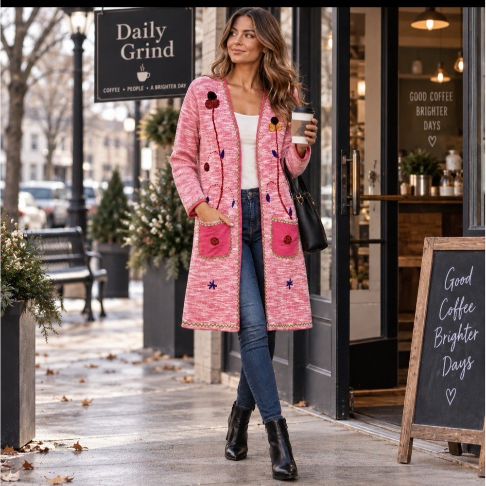 Rising International L Pink Embroidered Long Cardigan Duster Boho Art to Wear